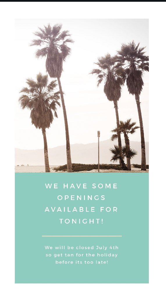 SuddenlySunless's tweet photo. Don’t miss out on getting tan for the holiday weekend, we will not be open July 4th. Call to see availability for tonight! https://t.co/sIw6fbAie1
