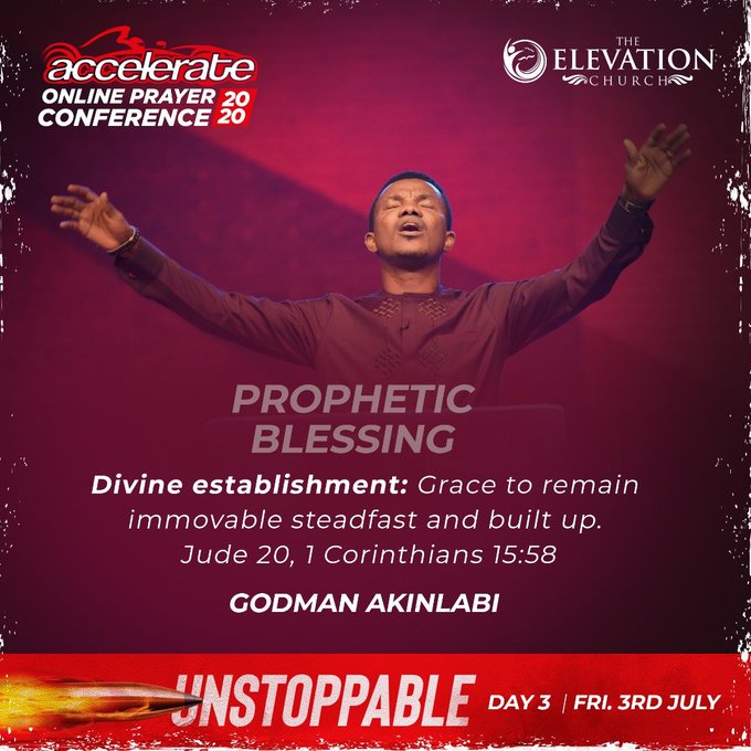 elevationGL's tweet photo. Prophetic declarations/
1. Uncommon access: we are no longer limited. 1 Corinth 2:10.
2. Spiritual fervency: our spirit will no longer be dampened. Hosea 6:2
3. Divine establishment: we remain steadfast in God’s word.

#Accelerate2020 
#iAmUnstoppable 
#AccelerationNG https://t.co/w7opl3nKKs