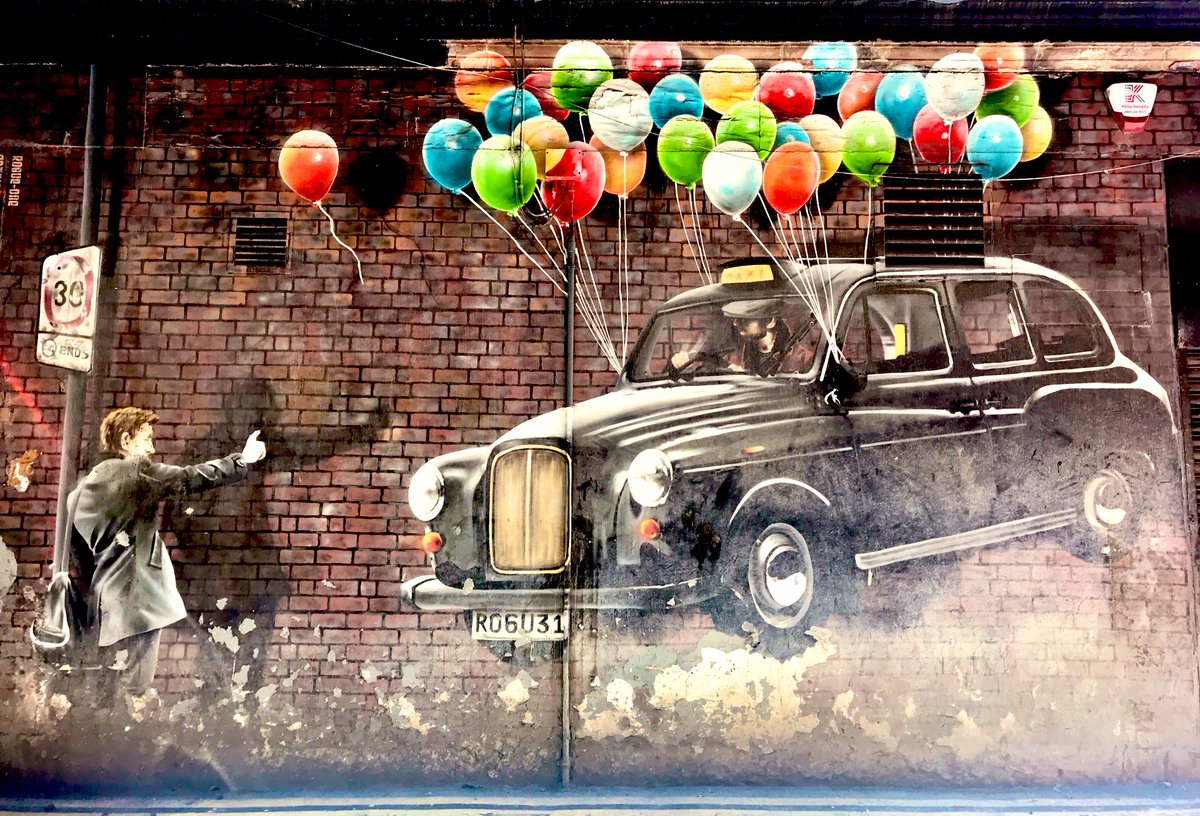 DReyesv's tweet photo. 📌The world’s most economical taxi by #rogueoner in the City Centre #MitchellSt #Glasgow #Scotland @UniStrathclyde @peoplemakeGLA #PhDLife #StrathLife #photooftheday #cab #taxi  #brickwall #airballoons #mural #glasgowmuraltrail #art #StreetArt #graffitiart https://t.co/nECw4paklb