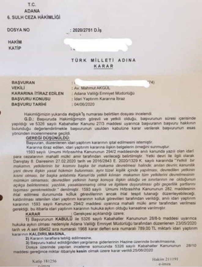 Hasan Selcuk Turan On Twitter Adana Sulh Ceza Hakimligi Maske Takilmamasi Sebebiyle Polis Tarafindan Kesilen Idari Para Cezasini Polise Bu Konuda Yetki Devrinin Yapilmadigi Ve Polisin Sadece Ihlal Tespit Tutanagi Duzenleyebilecegi Gerekcesiyle