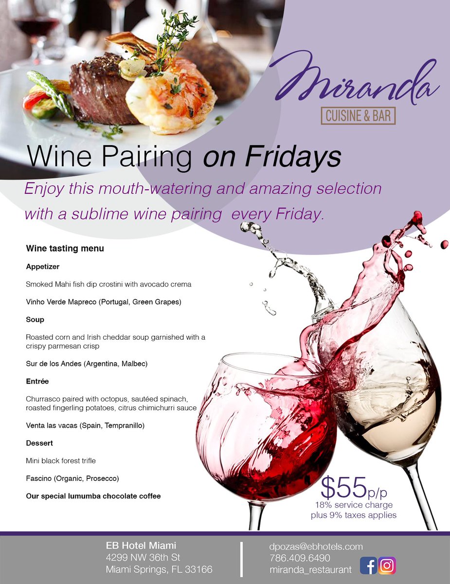 Come join us at Miranda Cuisine and Bar for our wine pairings Fridays! Where our in house sommelier will pair your dishes with sublime wine pairings.