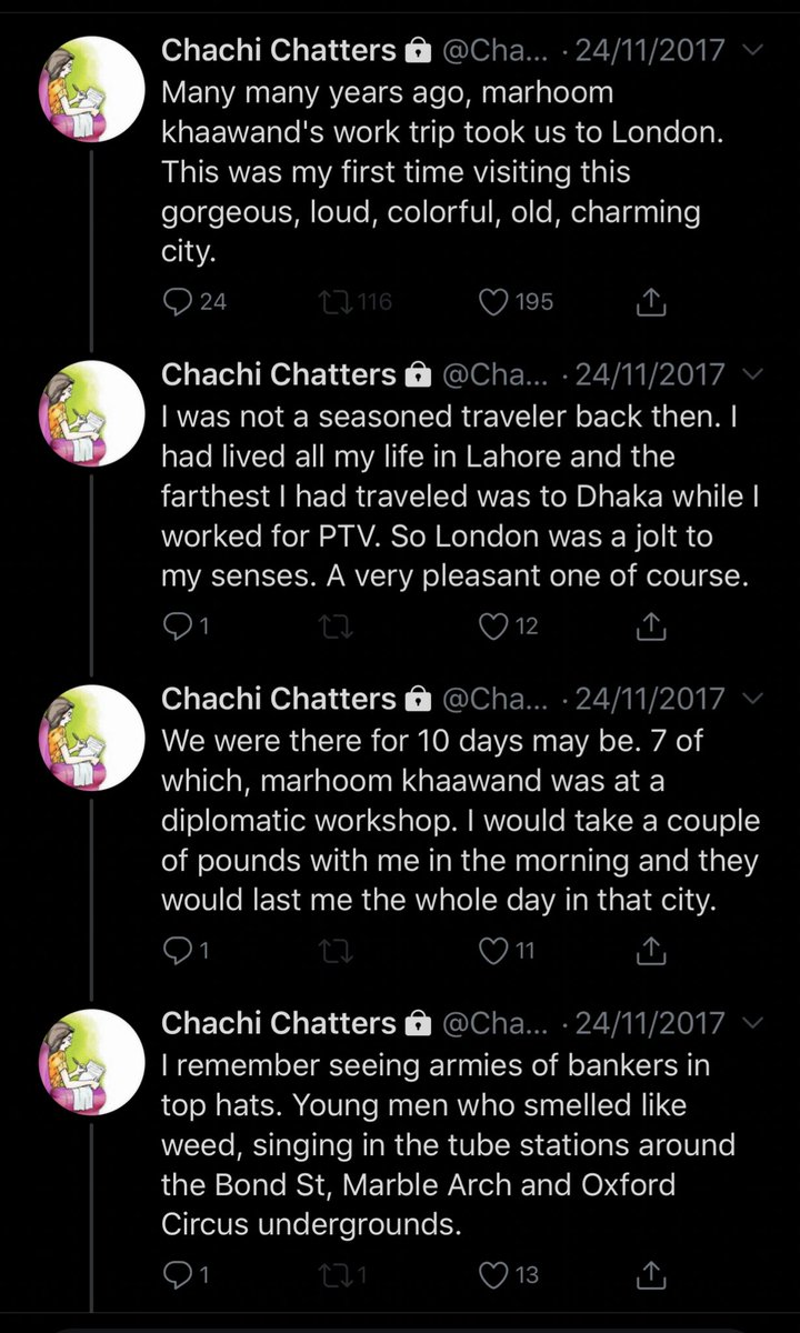 Sharing one of my favourite stories from  @ChachiChatters about her trip to  #London where she was chasing a distant memory with the help of twitter. Rest In Peace  @ChachiChatters - May your beautiful stories last forever in your loved ones & fans lives.Part 1/2