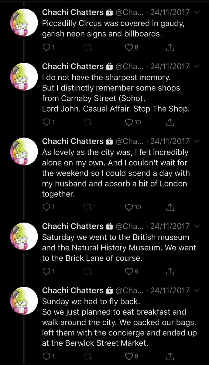 Sharing one of my favourite stories from  @ChachiChatters about her trip to  #London where she was chasing a distant memory with the help of twitter. Rest In Peace  @ChachiChatters - May your beautiful stories last forever in your loved ones & fans lives.Part 1/2