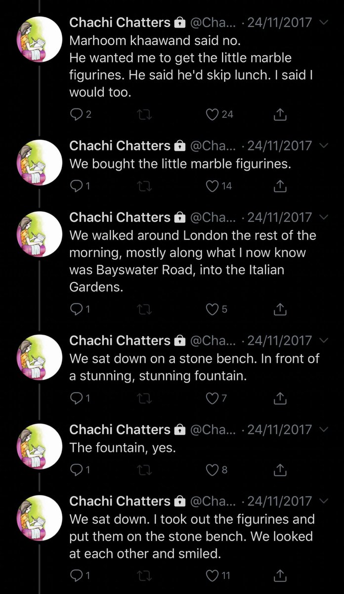 Sharing one of my favourite stories from  @ChachiChatters about her trip to  #London where she was chasing a distant memory with the help of twitter. Rest In Peace  @ChachiChatters - May your beautiful stories last forever in your loved ones & fans lives.Part 1/2