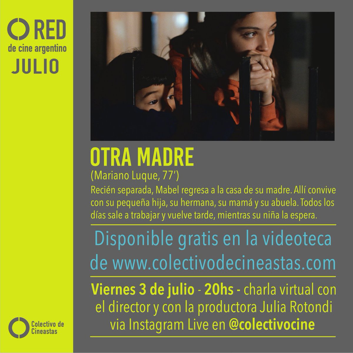 colectivocine's tweet photo. 🎬  AHORA EN VIVO !!! 
🌠  Ciclo #REDdeCineArgentino en #CharlasCdC
https://t.co/jhAWBBNm3B

📽️ El director #MarianoLuque (CdC) y la productora #JuliaRotondi (CdC) charlará sobre #OtraMadre con #MaríaAparicio (CdC) en IG LIVE

💻 Ver película después: https://t.co/3CnnXx6XdX https://t.co/rutr3GGXsn
