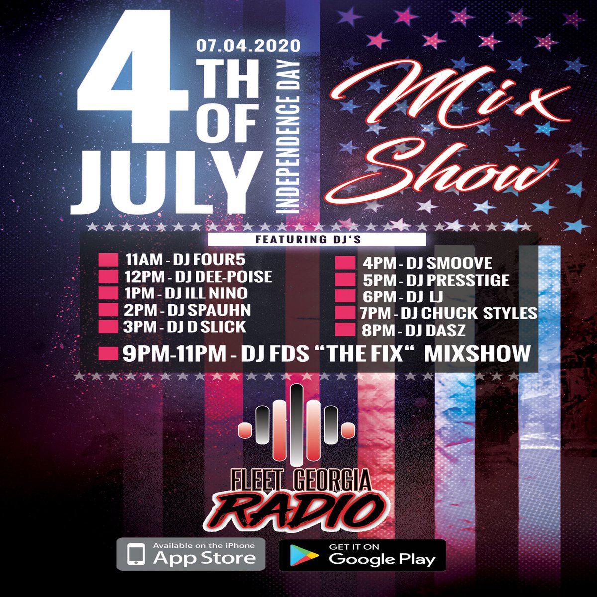 DjChuck_Styles's tweet photo. 🚨🚨WE GOING UP☝🏾🚨🚨
Saturday 7/4
#july4thmixshow 
@fleetgaradio 🔥
11am - @emaildj45
12noon - @djdeepoise 
1p - @djillnino
2p- @dj_spauhn 
3p - @djdslick92
4p - @djsmoove410
5p - @fleetdj_presstige 
6p - @djliljr
7p - @djchuck_styles
8p - @dj_dasz
9-11p @fleetdjfds https://t.co/5h37AdoAwQ