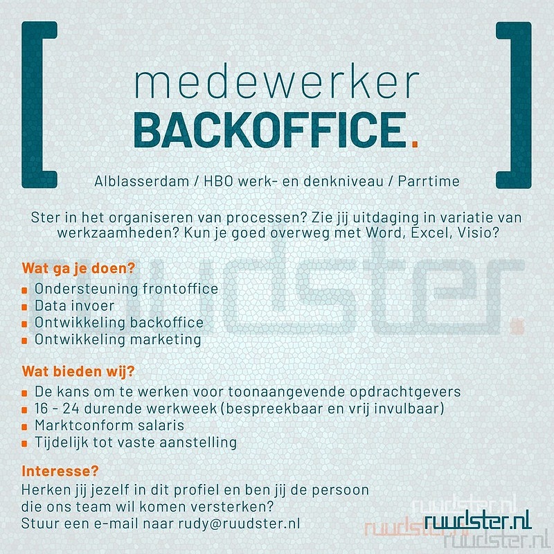 Wij zoeken #versterking van ons #team!

Ben je een ster in het #organiseren van #processen, zie je #uitdaging in variatie van #werkzaamheden, hou je van continu #ontwikkelen en kun je overweg met office?
stuur bericht met #motivatie naar rudy@ruudster.nl

#vacature #qhse #kam