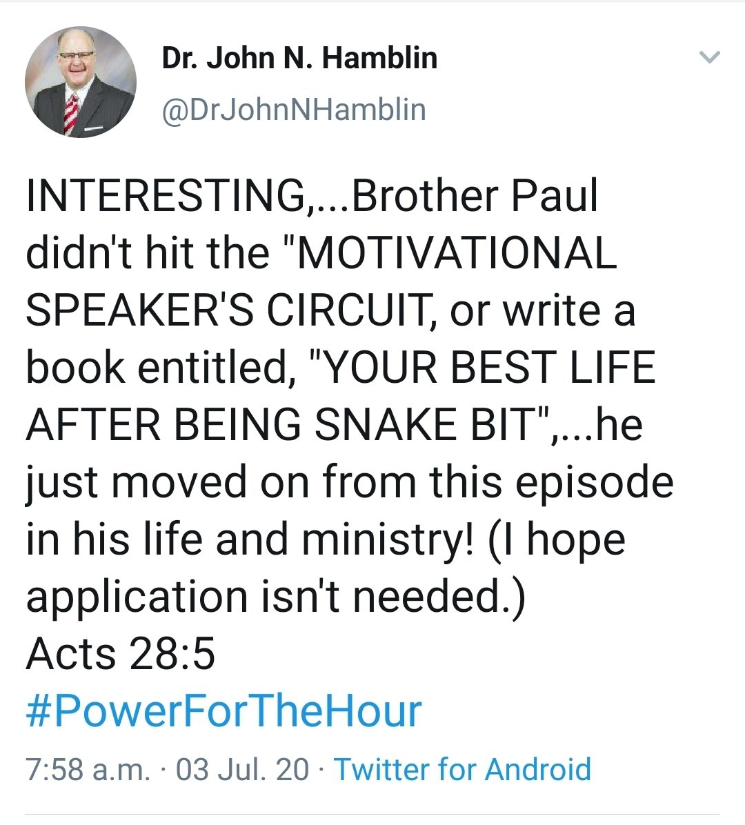 dr_hamblin's tweet photo. Days 15 & 16 on Acts 28:5.
Are y'all positive that this Dr John N Hamblin isn't an IFB parody account?
#Hambigesis https://t.co/tCtUriBfGA