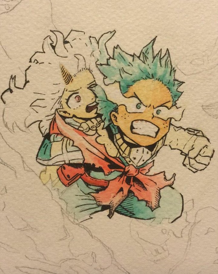Jara_kun's tweet photo. De diciembre. Primera vez dándole con tiralíneas + acuarela + tinta china. Block Acuarela, 24x34 cm y 300 g/m².

#illustration #ilustracion #watercolor #acuarela #manga #anime #BokuNoHeroAcademia #MyHeroAcademia #BNHA #Deku https://t.co/ZbAC0vPhnL