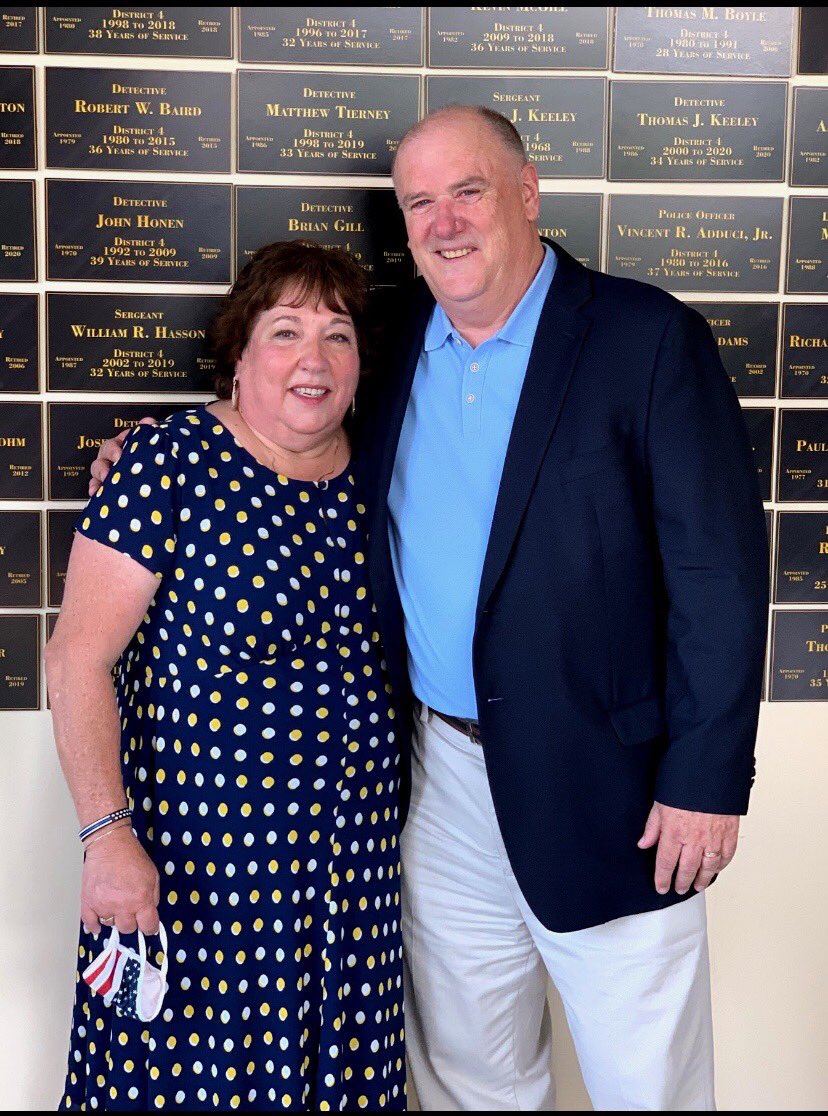 BostonPoliceRA's tweet photo. Congratulations to Detective Tom Keeley and his lovely wife Esther on His retirement from Area D-4 after 35 years of dedicated service to the @CityOfBoston and the @bostonpolice.   Tom started his journey in C-11 and made an impression on every person he worked with. 🇺🇸👮🏼‍♂️ https://t.co/Num4PjfbRl