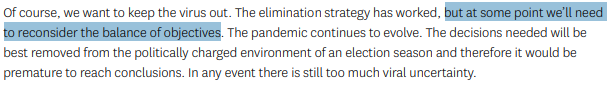 One one side of the balance is keeping COVID-19 eliminated. Whats on the other?Could it be that Fyfe is arguing that "business stakeholder" economic incentives should outweigh Kiwi stakeholder literal lives? 