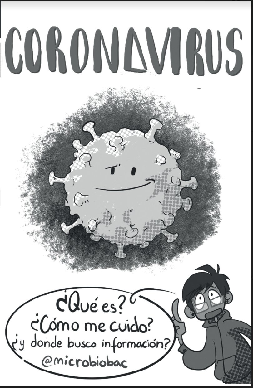 cover of Coronavirus ¿Qué es? zine: virus molecule with an Amazon arrow smile