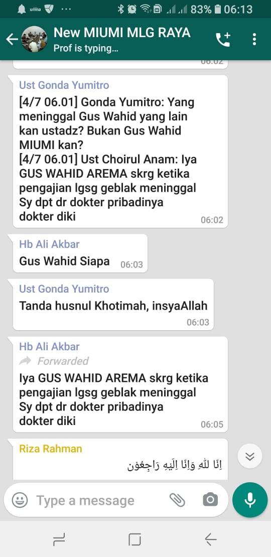 AmarFarchan's tweet photo. Innaalilaahi wa inna ilaihi roji'uun .telah meninggal dunia Gus wahid arema. Tadi pagi pukul 05.50 . Semoga khusnul khotimah . Aamiin. @infomalang @RRIMalang @e100ss @Senaputra_FM https://t.co/HnUOw5Actj