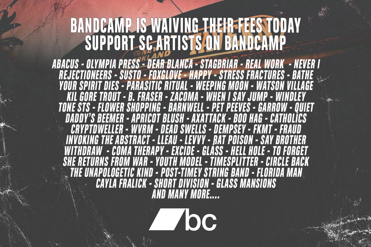 Bandcamp is waiving their fees today to support artists around the world. Some are using their profits to support causes at hand while others are in need due to the COVID-19 crisis. 

Here are some South Carolina artists to check out, click the link! 

linktr.ee/newbrooklandta…