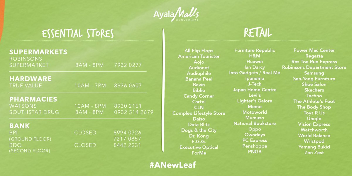 ilovecloverleaf's tweet photo. AYALA MALLS CLOVERLEAF Store Guide | July 4, 2020

Quarantine passes are no longer required. Just present your valid ID upon entering the mall. 

Visit our virtual directory: https://t.co/11A1hO6jjC for more details. Schedule may change without prior notice. https://t.co/oqXN7yo9BC