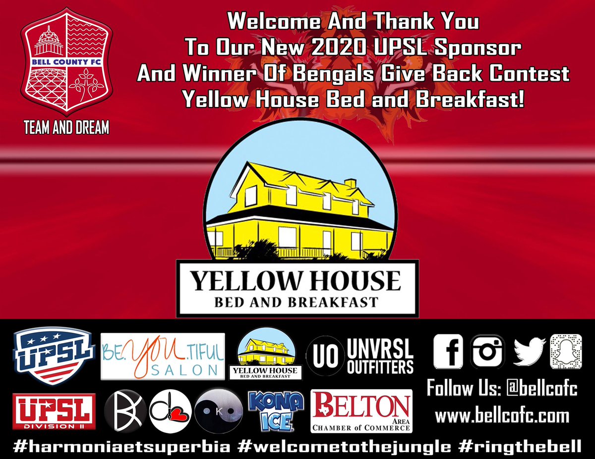 BIG ANNOUNCEMENT! Please Welcome Our NEW 2020 UPSL SPONSOR and Winner of the Bengals Give Back Contest, Yellow House Bed and Breakfast! Welcome and Thank You So Much For Partnering With Us!

Yellow House Bed and Breakfast is located in Salado, Texas and is just a few minutes away