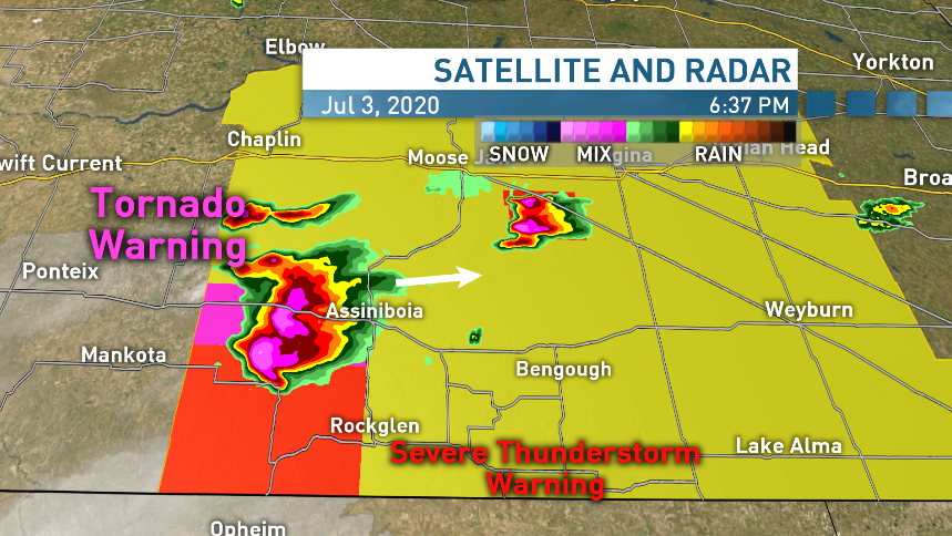 Tornado warning in effect for R.M. of Stonehenge including Limerick Congress, R.M. of Wood River including Lafleche Woodrow &amp; Melaval. Radar indicates strong rotation on a thunderstorm 10 km south of Lafleche. The thunderstorm is moving east at 30 km/h. Take cover #skstorm #Sask