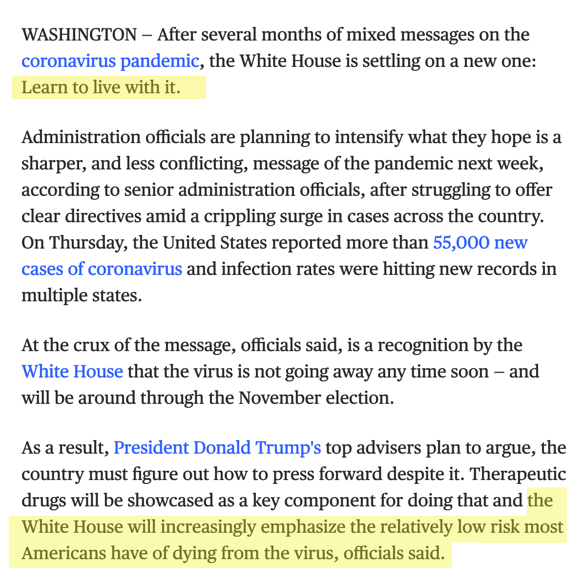 (Thread) The Politics of ParanoiaTrump’s campaign messages “We need to learn to live with" Covid-19, but don’t worry: Most Americans "have a relatively low risk" of dying from the virus.Meanwhile, Trump offers protection from “left wing mobs.” https://www.nbcnews.com/politics/politics-news/we-need-live-it-white-house-readies-new-message-nation-n1232884?cid=sm_npd_nn_tw_np  https://twitter.com/IsaacDovere/status/1279156754933301249