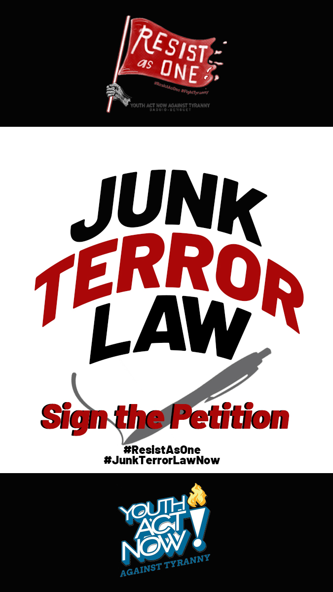 [PETITION TO URGE THE SENATE AND THE CONGRESS OF THE PHILIPPINES TO REPEAL THE ANTI-TERROR LAW]

SIGN THE PETITION!
Petition Link: change.org/YANATpetitionA…

#ResistAsOne
#JunkTerrorBillNow