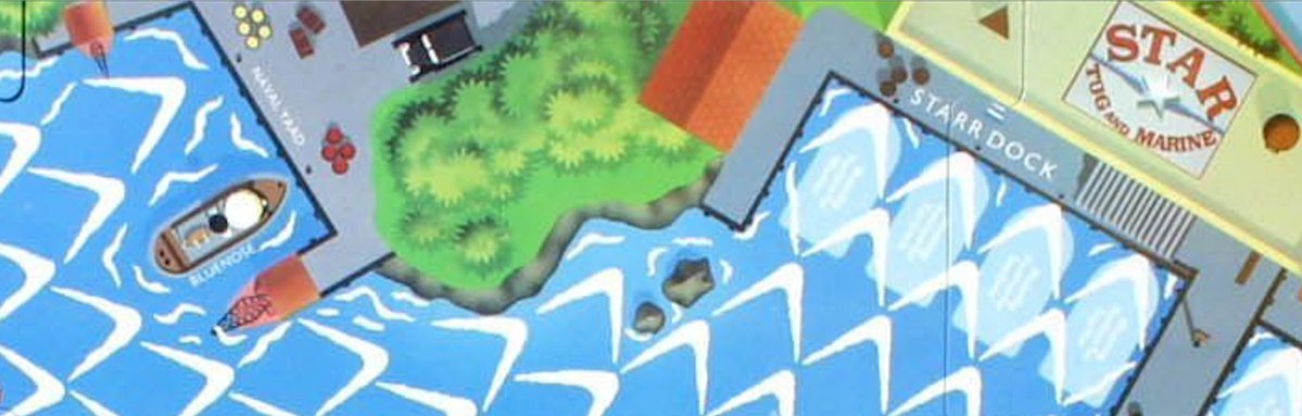 The Boardgame actually gets this shockingly accurate, further identifying that inlet as the "Navy Dock" - take note who's moored there: