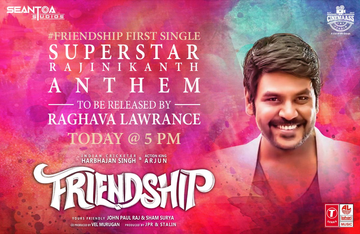 RIAZtheboss's tweet photo. Get Ready for #Rajinified

#FriendshipFirstSingle 
#SuperStarAnthem Sung by #STR, to be released by @offl_Lawrence today@ 5pm.

@harbhajan_singh
@JPRJOHN1 @akarjunofficial #Losliya @JSKfilmcorp @actorsathish @shamsuryastepup  @DmUdhayakumar @Dhananjayang @RIAZtheboss @CinemaassS https://t.co/3ri0TMH429