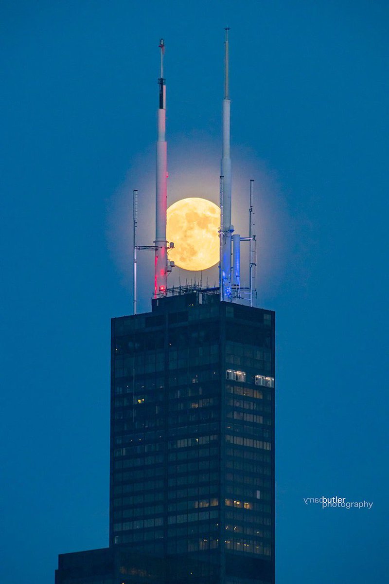 Tight Squeezee. Friday's Full Moon (99%) between the uprights of Chicago's Sears Tower.  #weather #news #ilwx #chicago #fullmoon