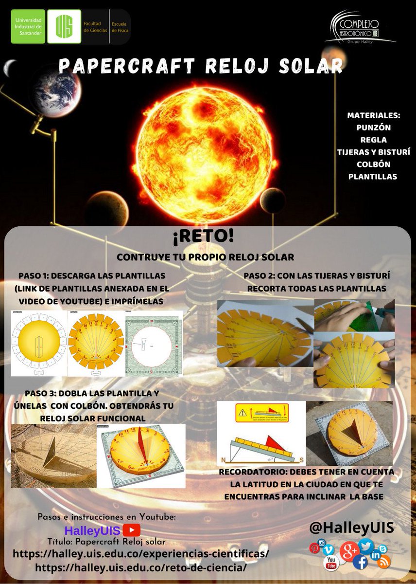 halleyUIS's tweet photo. ¡Hoy! te traemos un nuevo #RetoenCasa, construir tu propio reloj solar con materiales caseros.
¡Sé parte de este increíble reto y comparte con nosotros todas tus fotografías o vídeos! ⏱️☀️
Si aún tienes dudas, puedes seguir los pasos del vídeo:
https://t.co/LNLMTmqBZ8
#HalleyUIS https://t.co/R24HOkzK6p