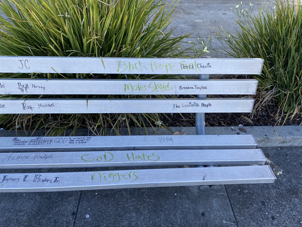 greymareshow's tweet photo. Cleaned up some racist graffiti on a bench in front of the @Shell station in #SanBruno on the #ECR. Remember, it costs nothing to do the right thing! (cw: racist slurs, name of #GeorgeFloyd’s killer) https://t.co/qlpUM3x4xd