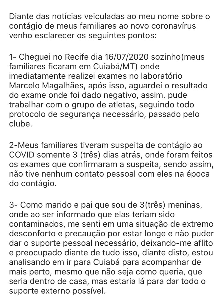 reporterjvictor's tweet photo. Nota de esclarecimento do técnico do Santa Cruz, Itamar Schulle. https://t.co/P0Id3ggXbk