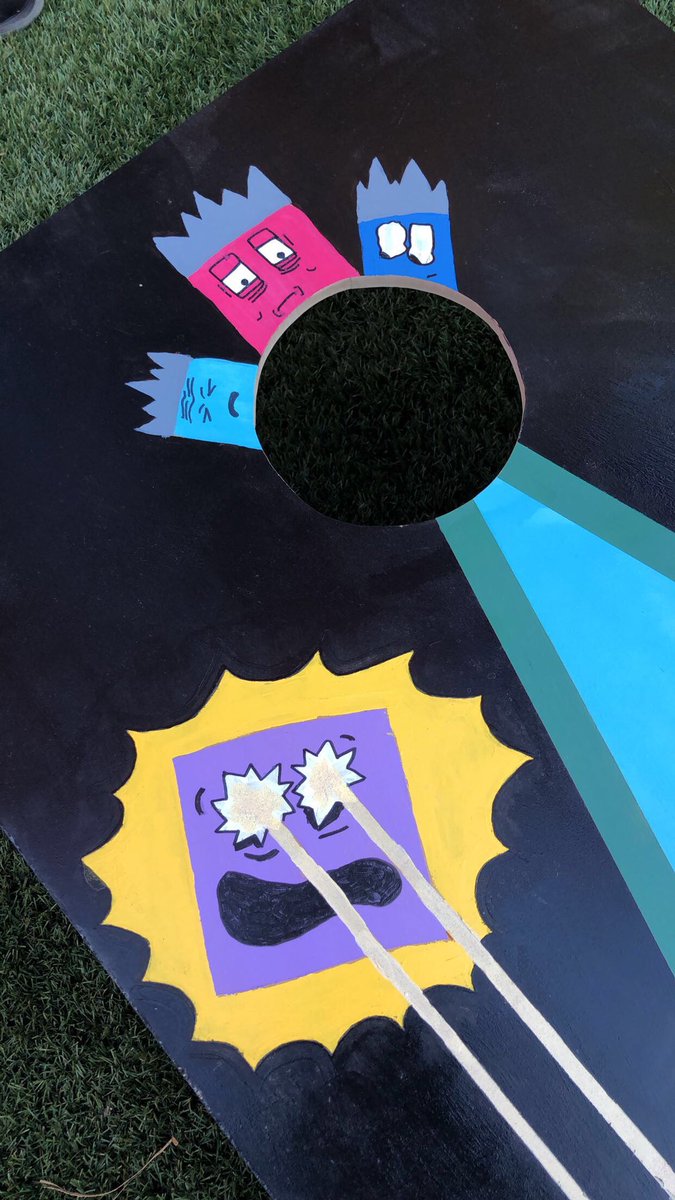 LeroyDeFunk's tweet photo. Astronaut suit is based off Neil Armstrong’s space suit. Eye patched pirate is Nick Fury. Crowns for LoTR. @neiltyson is crazy eyes. Boards mirror each other bc alt dimensions. Green guys getting beamed up by UFOs. 🚀 (stars to be accurately added) https://t.co/cJq9ZiTTMI
