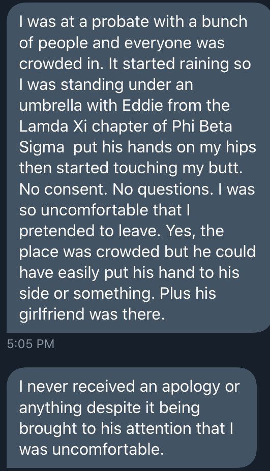 Phi Beta Sigma - Lambda Xi ChapterEddie- he sexually assault his victim in a public space.