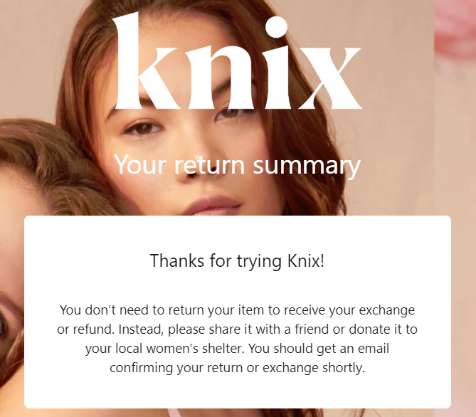 alyria05's tweet photo. This is incredible, @knixwear.  Such a nice surprise and positive disruption to the retail industry.  I will absolutely make sure to pass on to a friend or donate. https://t.co/XZLiLqNT2l