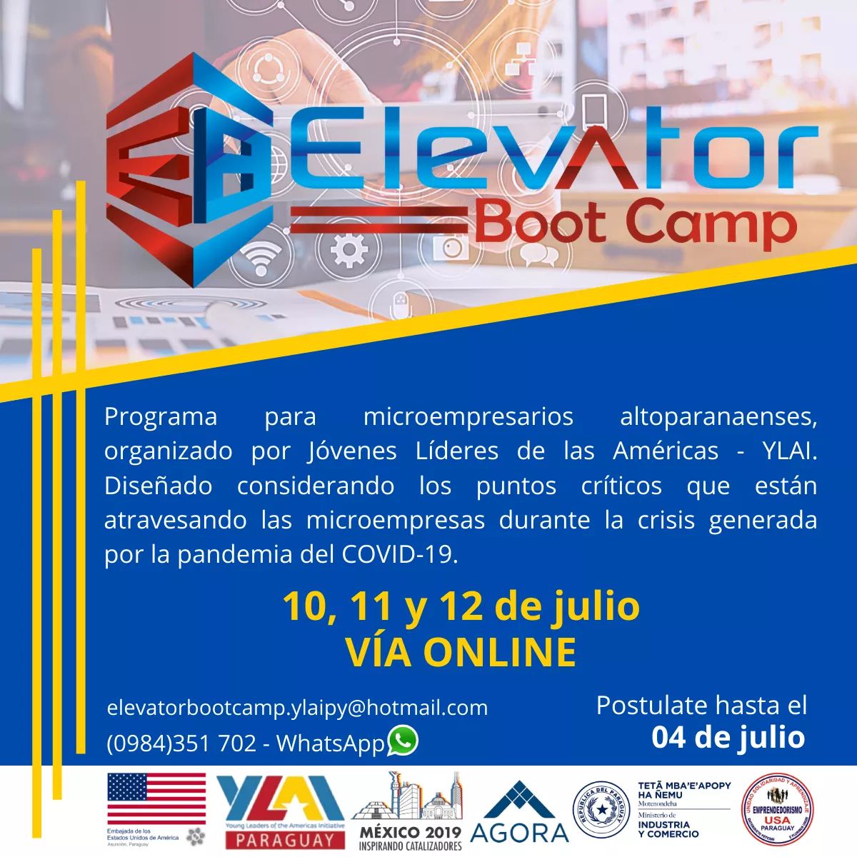 GENParaguay's tweet photo. ¡¡Todavía podes postularte al #ElevatorBootCamp 2020!! Tenes tiempo hasta el 4 de julio 🤩🙌 Los seleccionados recibirán una beca completa para participar del programa.
Formulario de postulación: https://t.co/BkDLMCnOnw 👩💻👨💻 https://t.co/GN2jW3BR8c