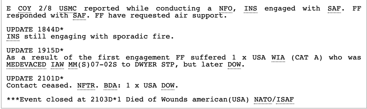 25. Another note on July 2. According to  @wikileaks - TIC (Troops in Contact) was declared at 0808 with sporadic fire continuing into the afternoon (2103D is around 4pm - 5pm I believe) Sharp was medically evacuated to FOB Dwyer but later was classified as DOW (died of wounds).