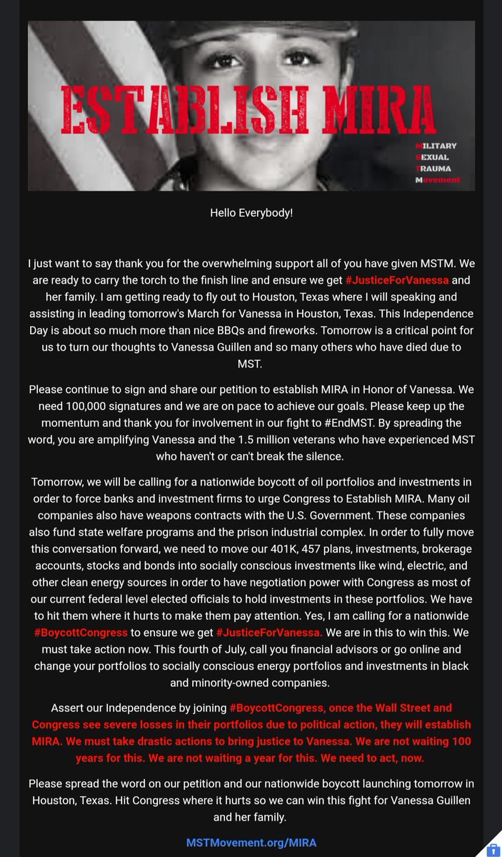 ATTENTION: #BoycottCongress starts tomorrow in Houston, Texas.

We have to hit these Congressional Multimillionaires where it hurts. That's their investment portfolios in oil. 

#JusticeForVanessaGuillen #BoycottCongress #EndMST