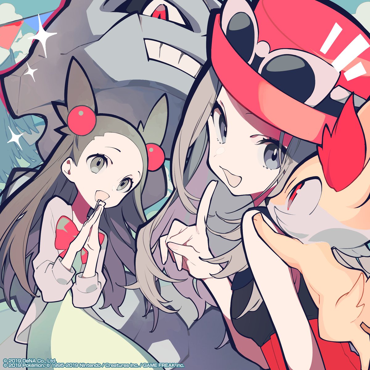 serena (pokemon) pokemon (creature) multiple girls 2girls eyewear on headwear sunglasses long hair open mouth  illustration images