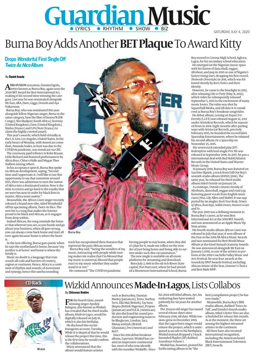 GuardianNigeria's tweet photo. Get a copy of ‘The Guardian on Saturday’ and enjoy the added bonus of today’s instalments of the Saturday Magazine, Guardian Woman, and Guardian Music.
#GuardianSaturdayMagazine #StephanieLinus #BurnaBoy #Genevieve #Nigeria #Entertainment #Music #Film #Movies #TheGuardianNg https://t.co/Kid1P9FrBX
