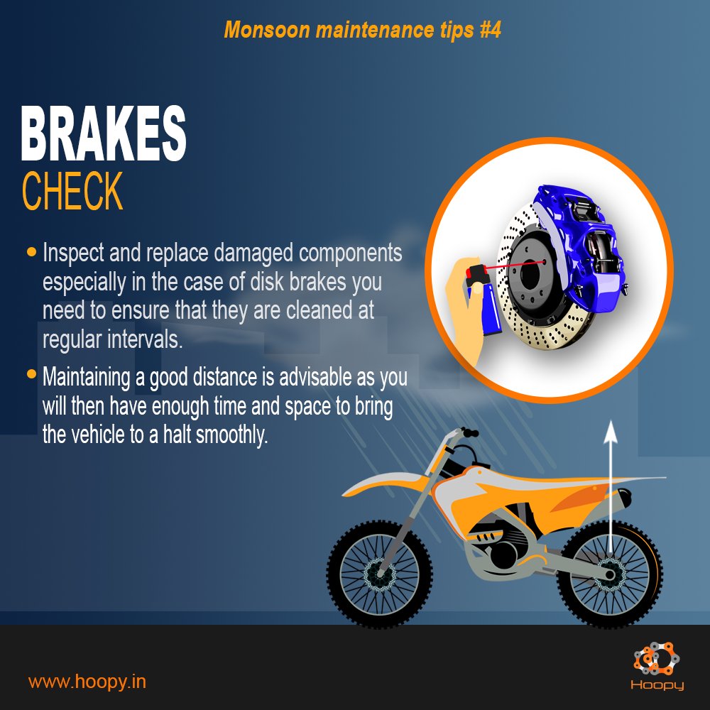 HoopyIN's tweet photo. 𝗠𝗼𝗻𝘀𝗼𝗼𝗻 #Maintenance 𝗧𝗶𝗽 #4 #Brakes #Checkup
𝗩𝗶𝘀𝗶𝘁 https://t.co/VKph0EFCxD 𝘁𝗼 𝗕𝗼𝗼𝗸 𝗬𝗼𝘂𝗿 𝗕𝗶𝗸𝗲 𝗦𝗲𝗿𝘃𝗶𝗰𝗲 𝗮𝘁 #YourPlaceYourTime
#Ridesafe #Monsoon #maintenance #doorstep #hoopy #ridersafety #slowdownsavelives #Bengaluru #rain https://t.co/reZjjABpEP