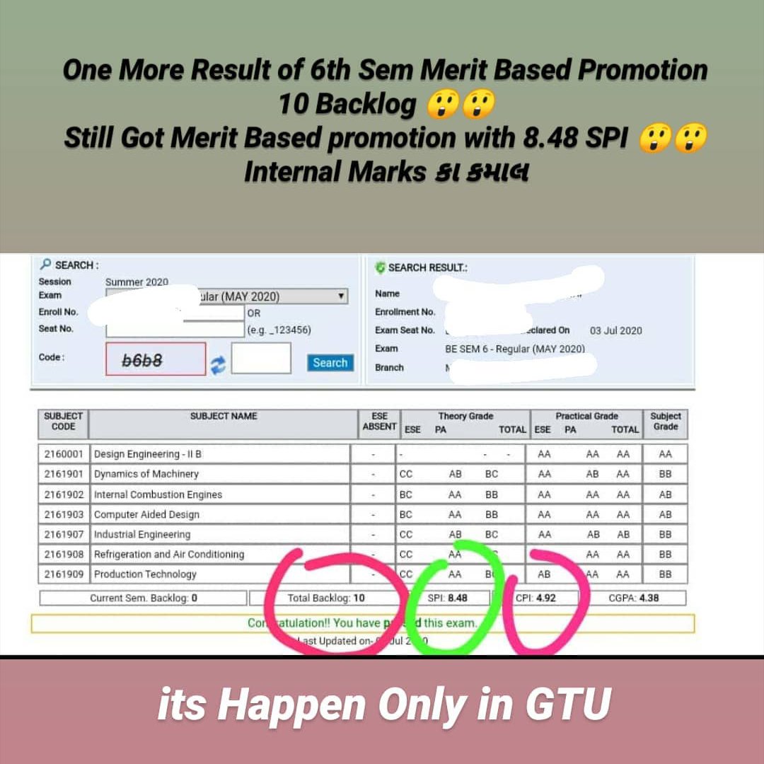 jay_pithva_'s tweet photo. It's only happens in @GTUoffice .
#meritbasepromotionGTU
આટલા બધા સારા માર્ક્સ જોઈ ને લાગ્યું 5-6 બેકલોગ તો લાવવા ની જ હતી.......
૧૦ બેક હોવા છતાં 8.48 spi....
વાહ @navin_sheth વાહ.
#ગતિશિલગુજરાત https://t.co/sLxnVpuBcY