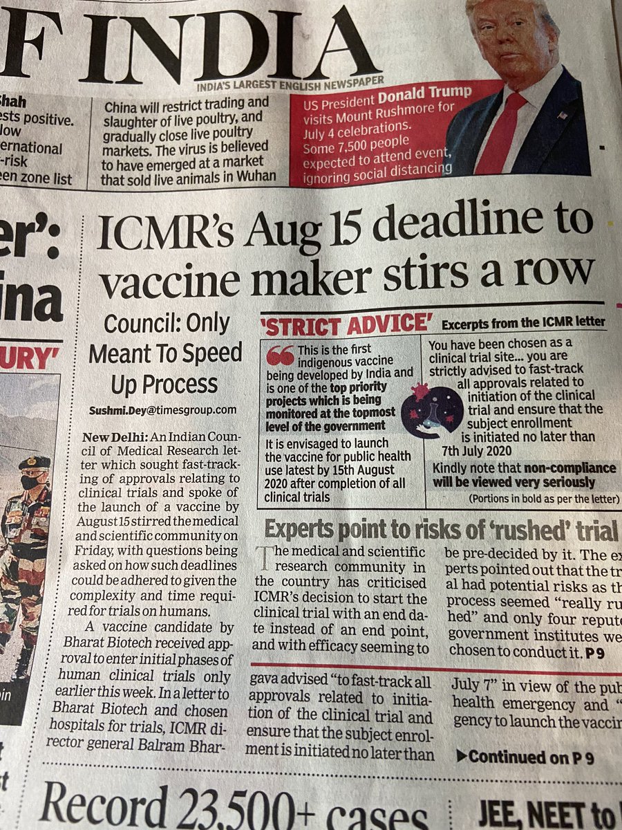 A #COVID19 vaccine perfectly timed for Independence Day 2020? #ICMR should know scientific research does not have a deadline. A health emergency not a moment for grandstanding by politicians, lives of millions could be seriously harmed if vaccine rushed without proper trials. https://t.co/AqRoI4izkQ