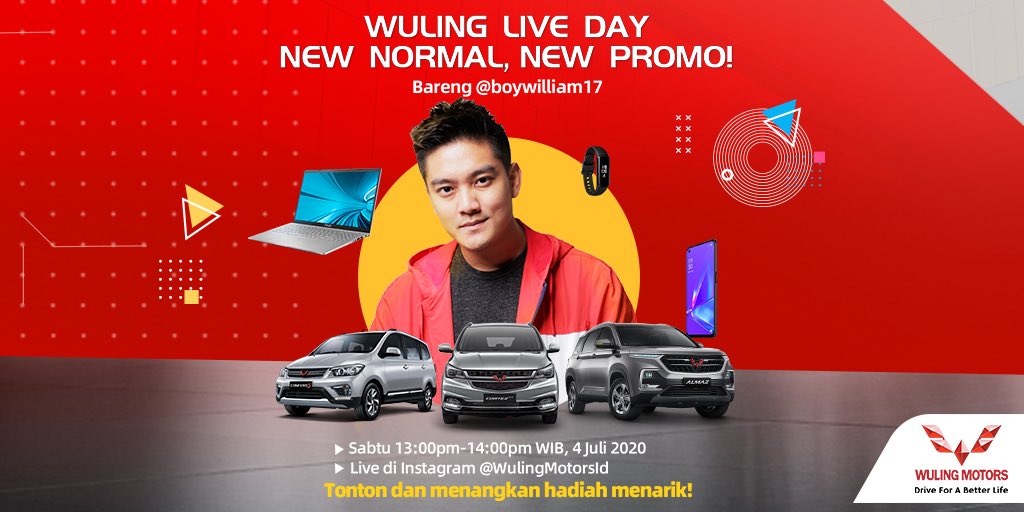 WulingMotorsID's tweet photo. Acara '#WulingLiveDay #NewNormalNewPromo' ini akan dibawakan langsung oleh bintang tamu spesial! Siapa aja?
Anda yg ada di rumah bakal ditemenin LIVE brg @boywilliam @fitra_eri & @ridwanhr, dijamin bakal seru banget, karena nggak cuma itu! (2)
#WulingMotors #DriveForABetterLife https://t.co/BjF6o8ksTN