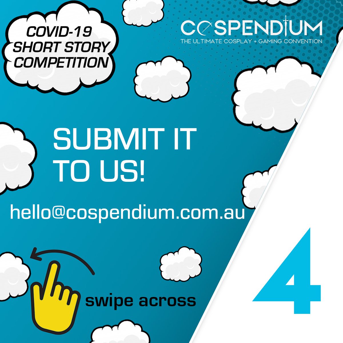 How to enter the COVID-19 Short Story Competition, in 4 easy steps.

You have to be in it to win it!
www,cospendium.com.au/creators-chall…

#writers
#creatorschallenge