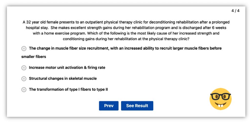 New questions attached to review topics. New questions added frequently. 
pocketpmr.com

#physicaltherapy #rehab #residency #rehabmed #pain #sports