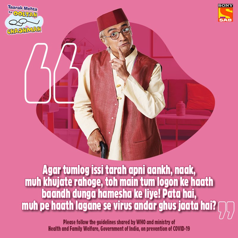 sabtv's tweet image. Bapuji ki daant se sirf Jethalal hi nahi, hum sab darte hai! 
Toh unki baat maniye aur apna khayaal rakhiye.

#TaarakMehtaKaOoltahChashmah #WHOGuidelines #NewNormal