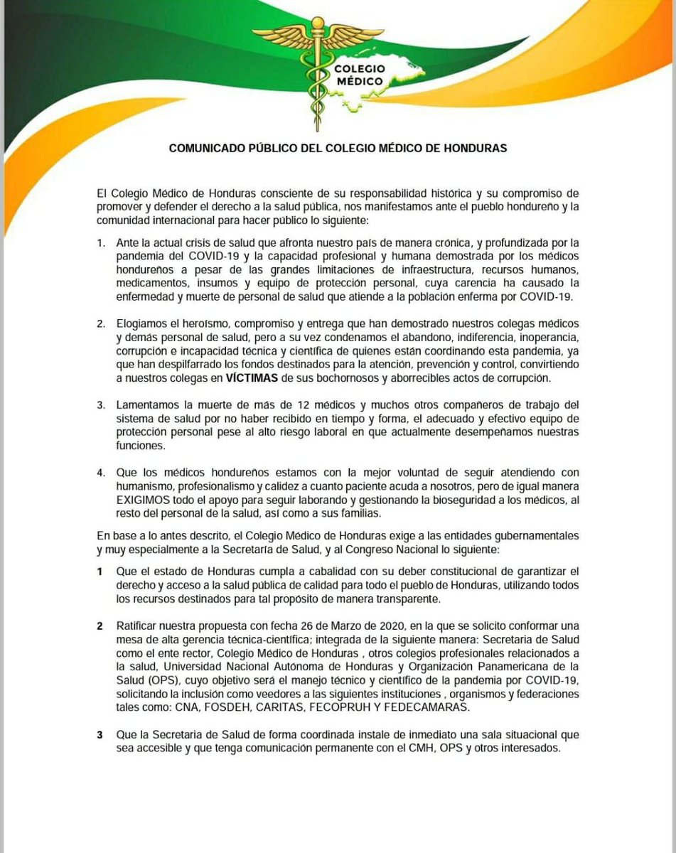 radioamericahn's tweet photo. #AméricaNoticias #Honduras 

Colegio Médico de Honduras (CMH), condena el "abandono, ineficiencia, inoperancia, corrupción e incapacitad técnica de quienes están coordinando esta pandemia". https://t.co/ch5TmSRXPP