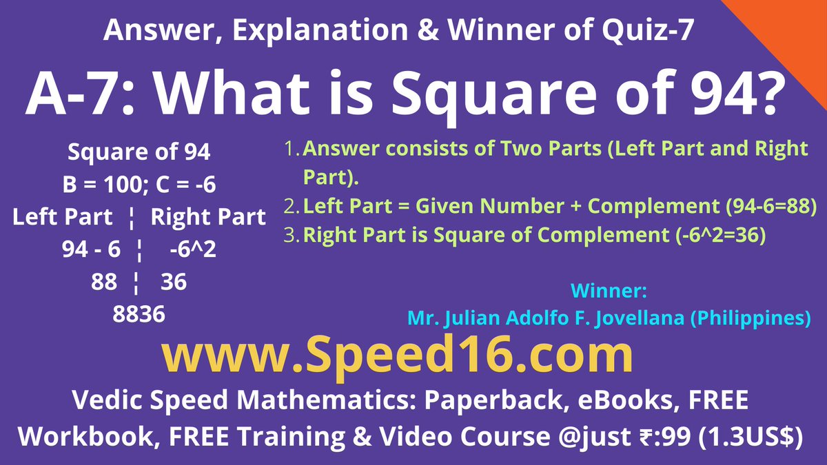 chait_patil's tweet photo. A7: Answer, Explanation &amp; Winner of #Quiz-7 (Refer Attached Image)
--
#VedicMaths Video Course @ just ₹: 99 (1.3 US$)
Link: https://t.co/hq54XdsvHY
--
More: https://t.co/IojbOgkASf
--
Download this PDF file for complete details:
https://t.co/2PNbVUKTUq
--
#vedicmaths #speedmaths https://t.co/LKSkHfDjvg