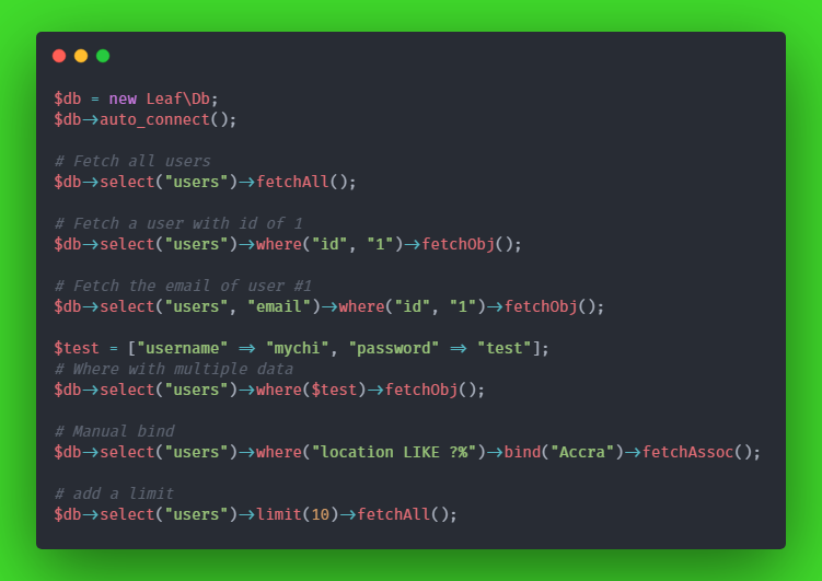 mychidarko's tweet photo. This is Leaf Db. Leaf Db is simple. Leaf Db is secure. Use Leaf Db. https://t.co/y9w1u20dA9
#leafphp #PHP #Laravel #SQL #MySQL #Framework https://t.co/BNVtOWrbJz