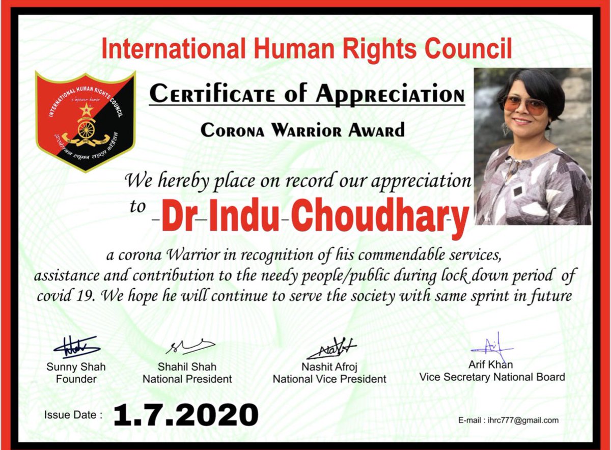 ProfInduChodhry's tweet photo. Corona Warrior Award से सम्मानित करने के लिए International Human Rights Council को साधुवाद https://t.co/9r1B0G8zaG