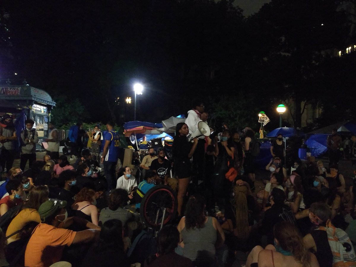 protest_nyc's tweet photo. After several different moments of tension, and hearing from several #BlackWomen about their needs and experience of disrespect in activism, most of the ~200 individuals at #abolitionsquare has settled into thoughtful group work. Social workers will join the space on Saturday. https://t.co/KSithHww7Q