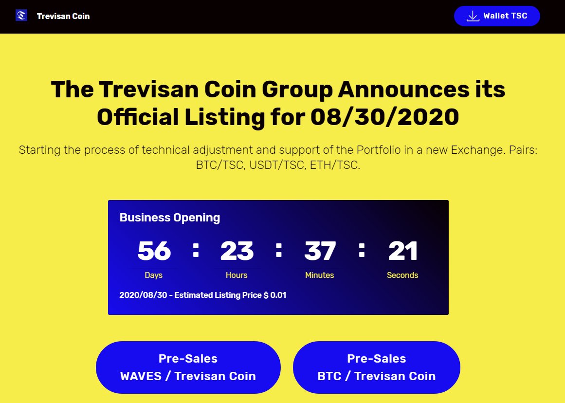 TrevisanCoin's tweet photo. 🌐The Trevisan Coin Group Announces its Official Listing for 08/30/2020. Starting the process of technical adjustment and support of the Portfolio in a new Exchange. Pairs: BTC/TSC, USDT/TSC, ETH/TSC.
✅https://t.co/gnJTyOmeLw https://t.co/GWyQJxLh7g
